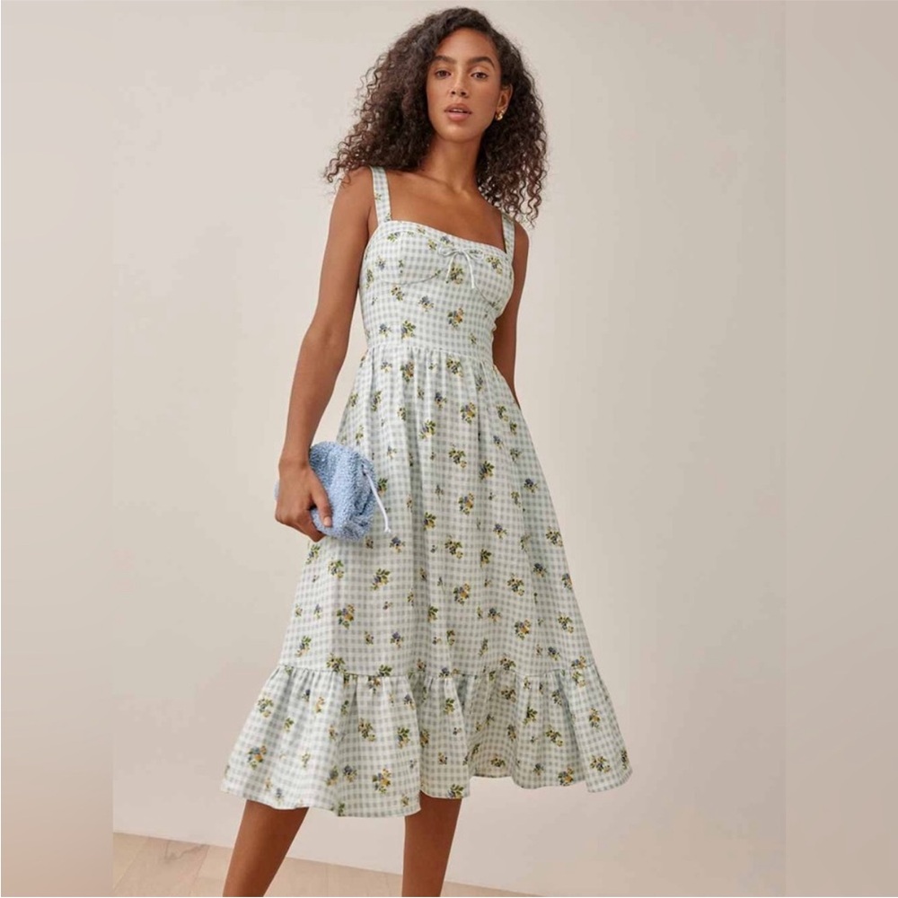 Reformation Blue Gingham Floral Sundress